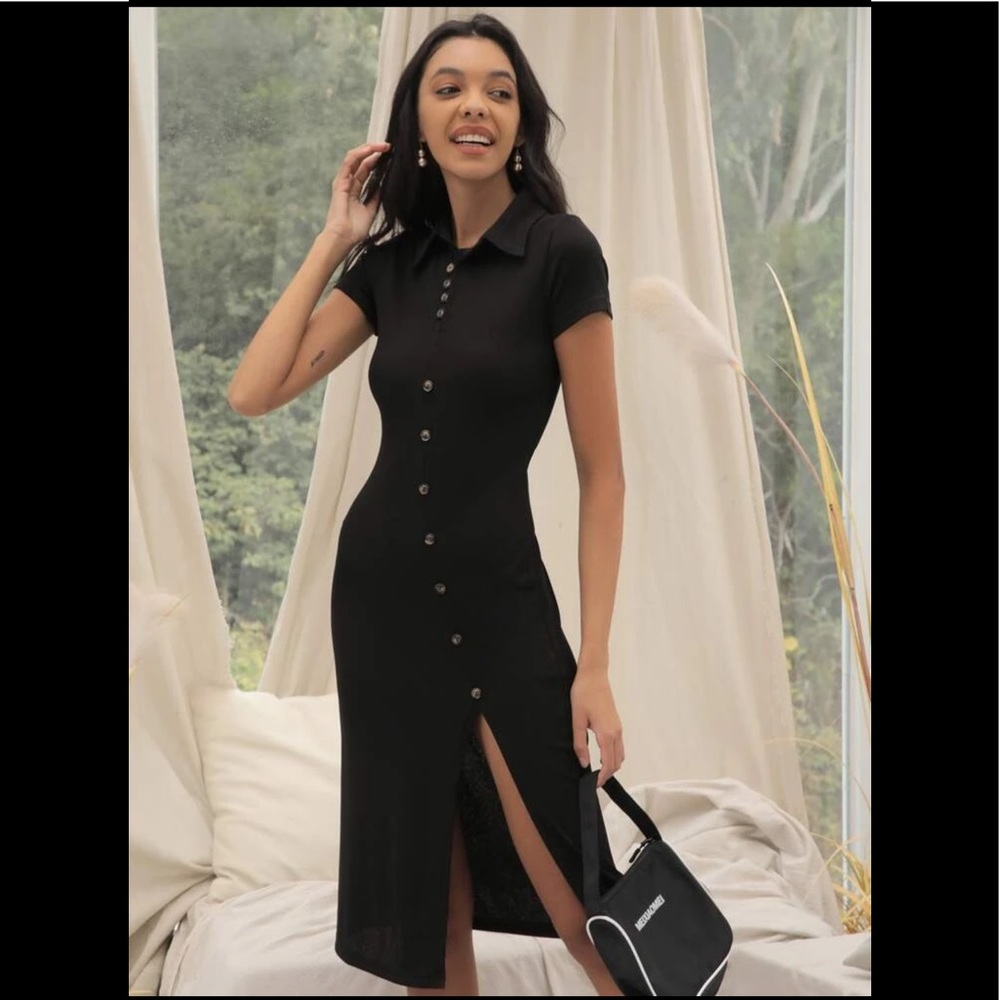 Button Front Split Thigh Solid Dress